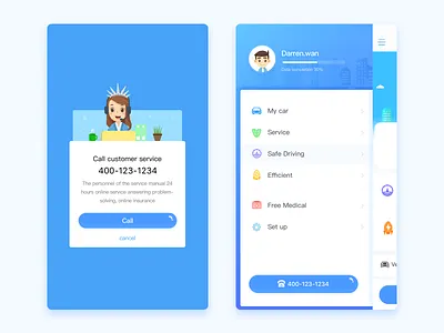 Liberty Intelligent car insurance app ui artificial customer service auto insurance blue car illustration insurance menu popup window ui design user interface