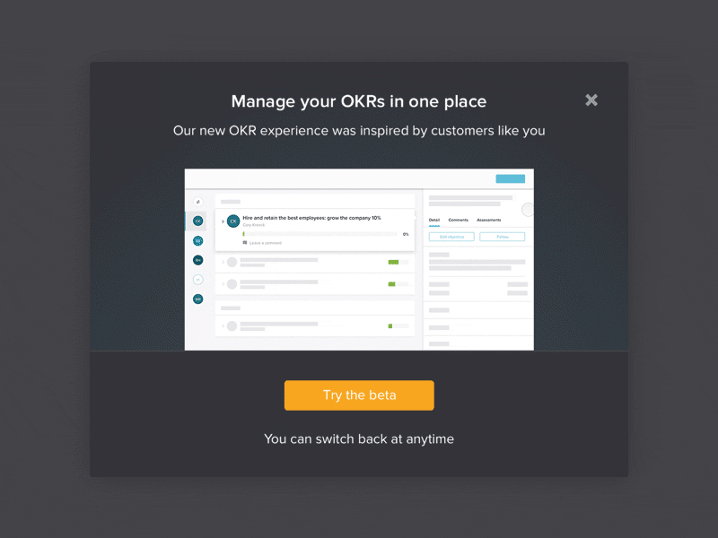 Beta modal animation beta dark goals modal okr product progress ui wireframe