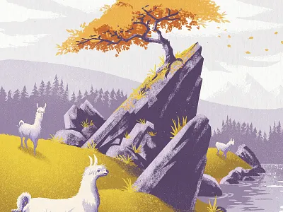 Llama Land autumn boulders brushes fall illustration lake llamas mid century mountains rocks texture