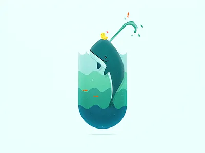 Whale birds duck fish heart illustration nature ocean sea smile swimming water whale