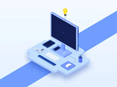 Isometric Design - Desk blue design designer desk graphic idea illustration isometric lightbulb perspective process