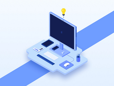 Isometric Design - Desk blue design designer desk graphic idea illustration isometric lightbulb perspective process