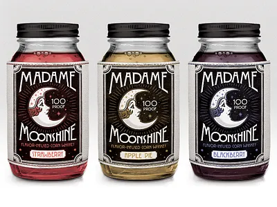 Madame Moonshine artdeco handlettering illustration liquor label design mason jar moon moonshine packaging design stars vintage