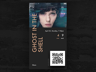 Ticket cinema ghost movie poster qr row scarlett seat shell ticket