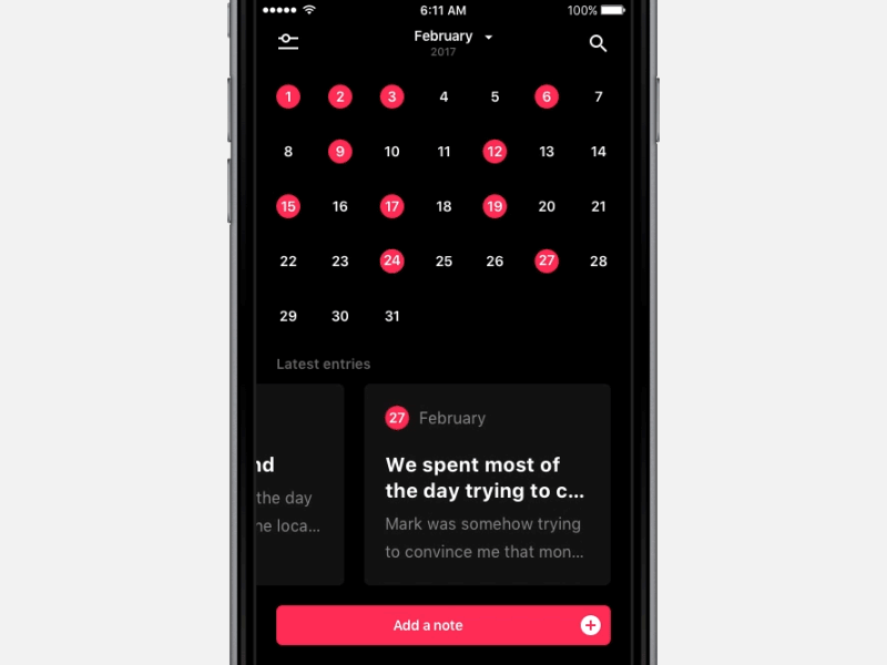 Dreamery - Homescreen interactions animation app calendar cards diary ios note principle prototype transition
