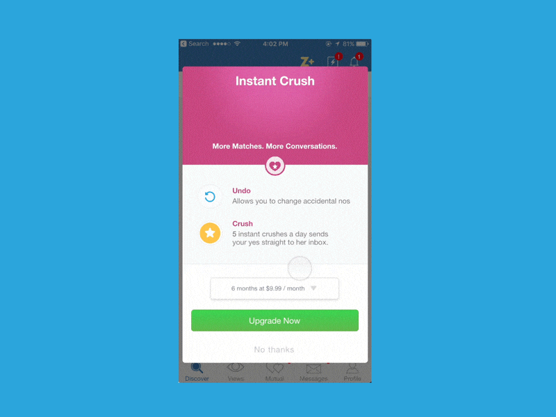 Zoosk "Instant Crush" and "Undo animation app design branding colors dating app flat logo lotti principle spring ui ux
