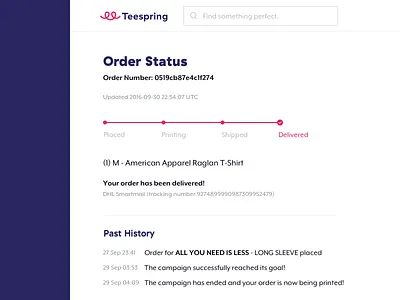 Order Status delivery mobile order tracker orders progress responsive status teespring ui ux