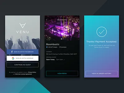 Venu App Core Screens app bar branding club gradient icon ios launcher logo order restaurant