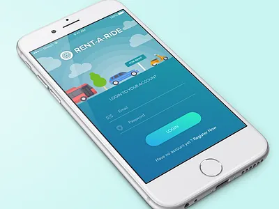 Rent a Ride Login iPhone app Concept cartoon concept design flat interaction iphone isometric rent ui ux