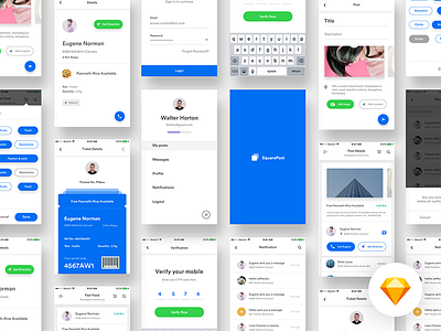 Squarepost UI Kit - sketch enter otp filters login menu notification post post details search splash screen tickets user details view