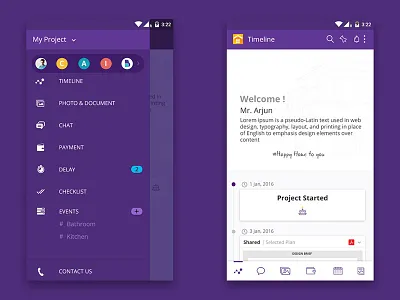 Building Your Home App app construction design home mobile new side menu timeline ui