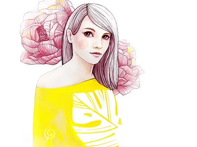 Yellow Spring beauty fashion flowers graphic pencil portrait spring watercolor woman