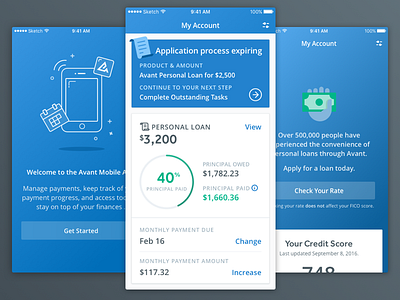 Avant Login / My Account Redesign account dashboard finance login personal loan progress