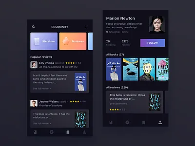 Dark Mode For Books APP books clean community dark night mode profile reading reviews ui ux