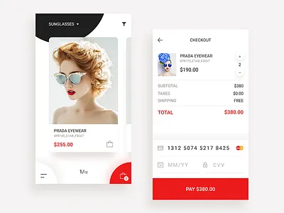 Prada Mobile Shop Concept, Credit Card Checkout - Daily UI #002 app checkout credit card design ecommerce fashion mobile payment prada shop sunglasses