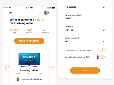 Buying Suggestion UI cards form iphone mobile orange suggestion type ui ux