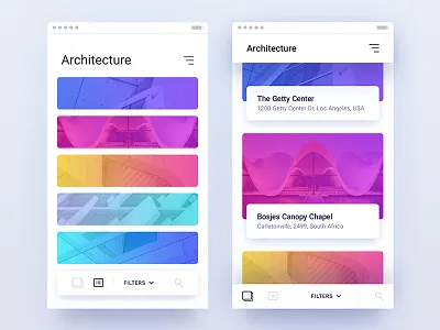 Architecture Visual Exploration app architecture card clean filter gallery ios list material mobile scroll ui