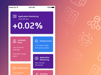 CA Technologies mobile branding exploration app blue card dashboard ios red ui ux vibrant violet
