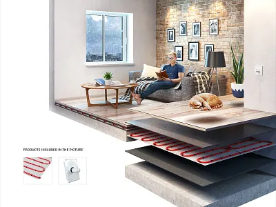 Underfloor Heating 3D Infographic 3d creative cut away cutaway exploded view floor home house infographic interior layers room