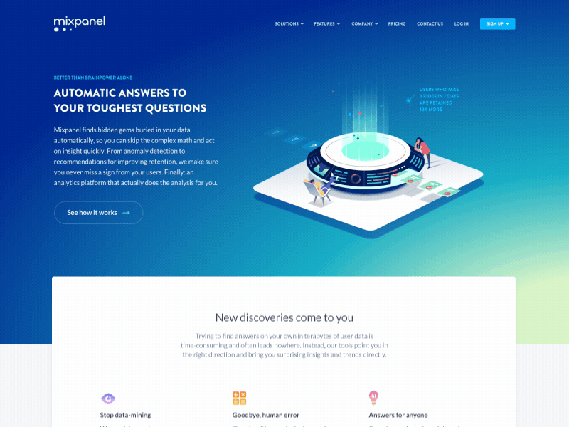 Mixpanel Automated Insights Landing page | Motion Design 3d blockchain dashboard data gradient isometric machine motion navigation platform