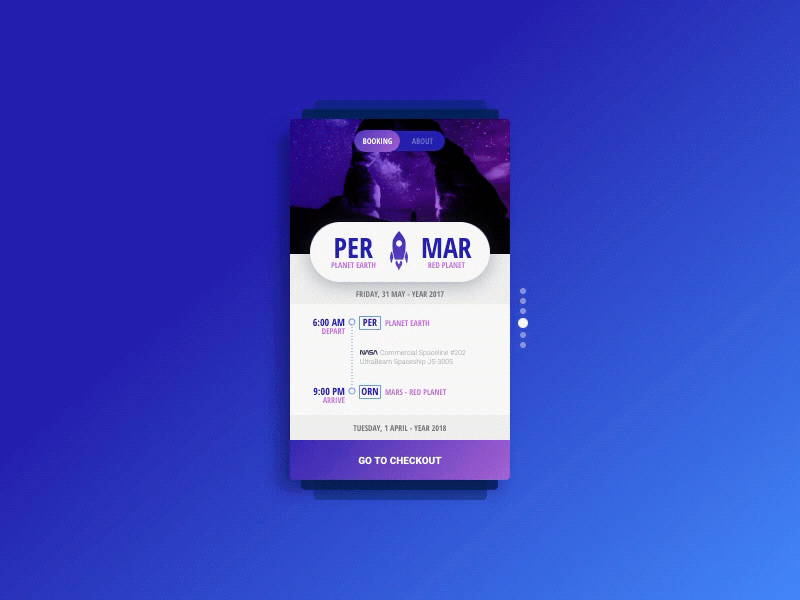 Space Travel animation booking cards interface mobile space tickets transition travel ui ux
