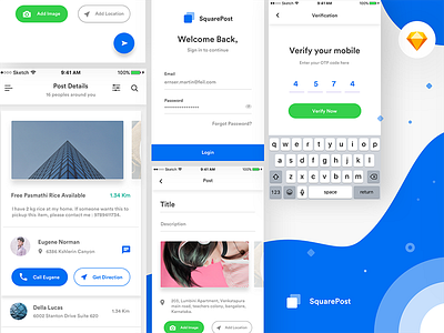 Squarepost UI Kit - sketch enter otp filters login menu notification post post details search splash screen tickets user details view