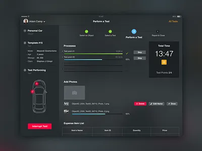 Car Testing App app application car dark dashboard ipad test ui