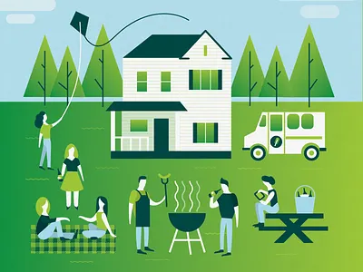 25th anniversary party bbq beer cook out grill house illustration lawn monoline party tree