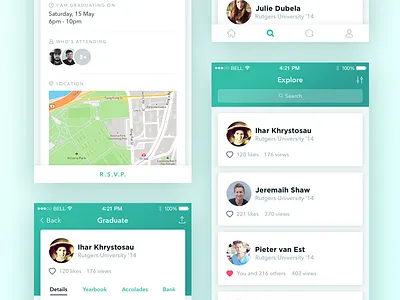 Seegrad app cards explore graduate icons interface ios profile ui ux