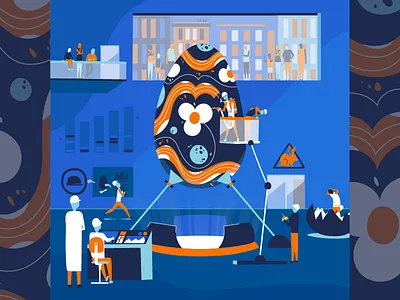 Easter Tech Egg crowd drawing easter easter egg factory kids painting scientists surreal technology workers