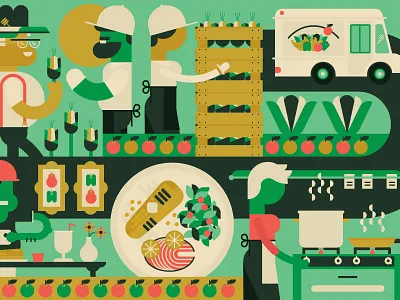 Specialties Produce Case Study Illustration apple chef cute dinner farm farmer fun illustration lettuce produce salmon tint