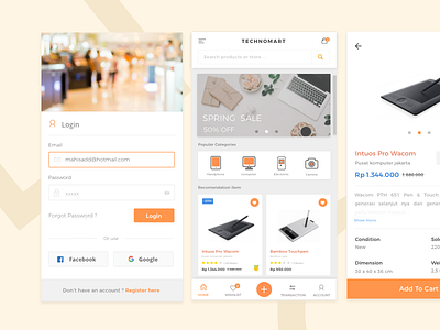 Technomart App Concept android material application clean card icons design graphics ecommerce experience fashion interaction invitation icon ios iphone shop product ux ui web website welcome screen