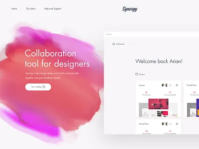 Landing Synergy clean collab dashboard design tool ui web
