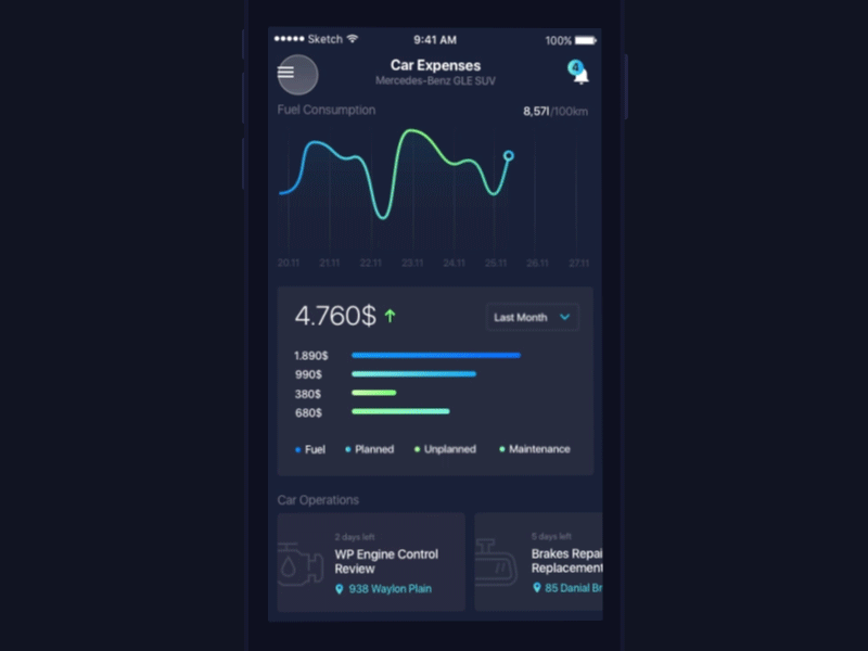 Car Control App animation app car chart concept control flow interaction map principle ui ux