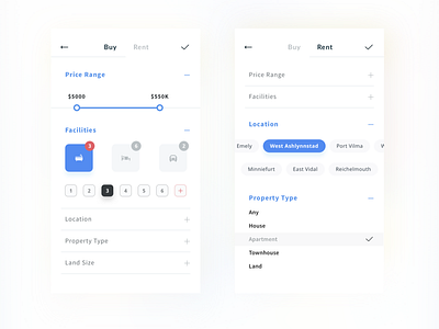 Filters Screen clean filters real estate home ios minimalist mobile app price property rent room sale ui kit