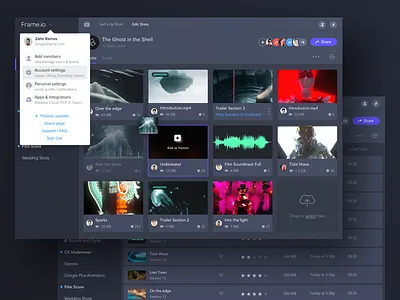 Frame.io 2 dashboard dark dashboard fame.io media systems design ui video
