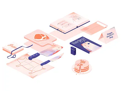 Profession books cake card design illustration iso isometric knife meat