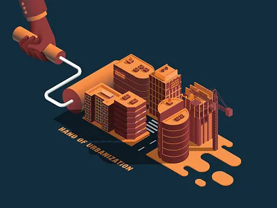 Hand of urbanization city crane illustration isometric nand roller skyscraper