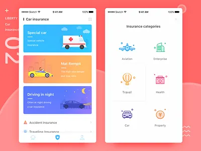 Liberty insurance app ui car insurance coins illustrations insurance categories pink ui design user interface