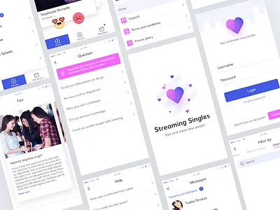 Streaming Singles app (unused element part 19) dating app ios android home swipe activity login signup signin questions help profile online tips username password ui icons heart