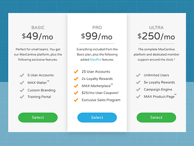 MaxCentive Pricing Cards adobe xd front end development ui web design