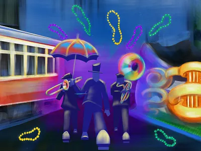 Second Line beads c code school digital illustration float mardi gras new orleans nola parade street car