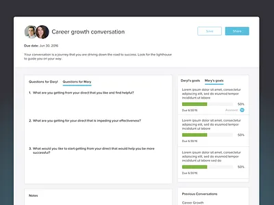 BetterWorks Conversations conversation development form goals notes performance management product questions tabs ui ux