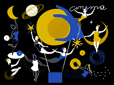 Le Voyage dans la lune // illustration air balloon cinema circus film hand moon movie night screen stars