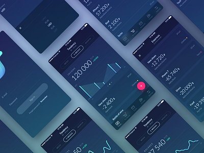 Financy app charts dark financial fintech float button graph graphs ios login minimal mobile app design stat ui user experience user interface ux