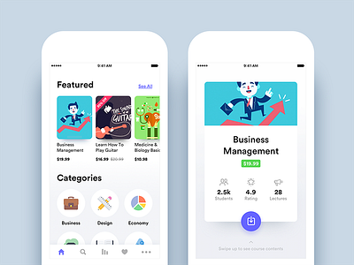 Online Courses App - Home and Course Details android app details ecommerce education home ios library list navigation search
