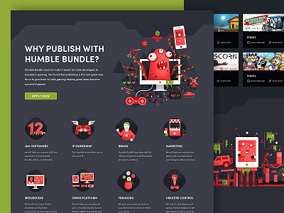 Humble Bundle Publishing page computer games controller games gaming humble bundle icons illustration publishing web design website