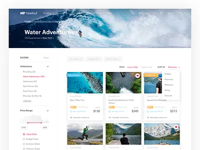 Product List Page cards cover desktop experience filters headout list products search tourlist travel water