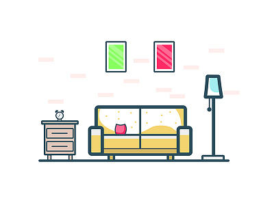Living Room 2d couch design flat furniture illustration lamp line living room ui vector wall