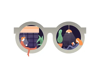 Reading time: screen vs paper books glasses illustration illustrator leisure miguelcm people plant pleasure reading scene spectacles